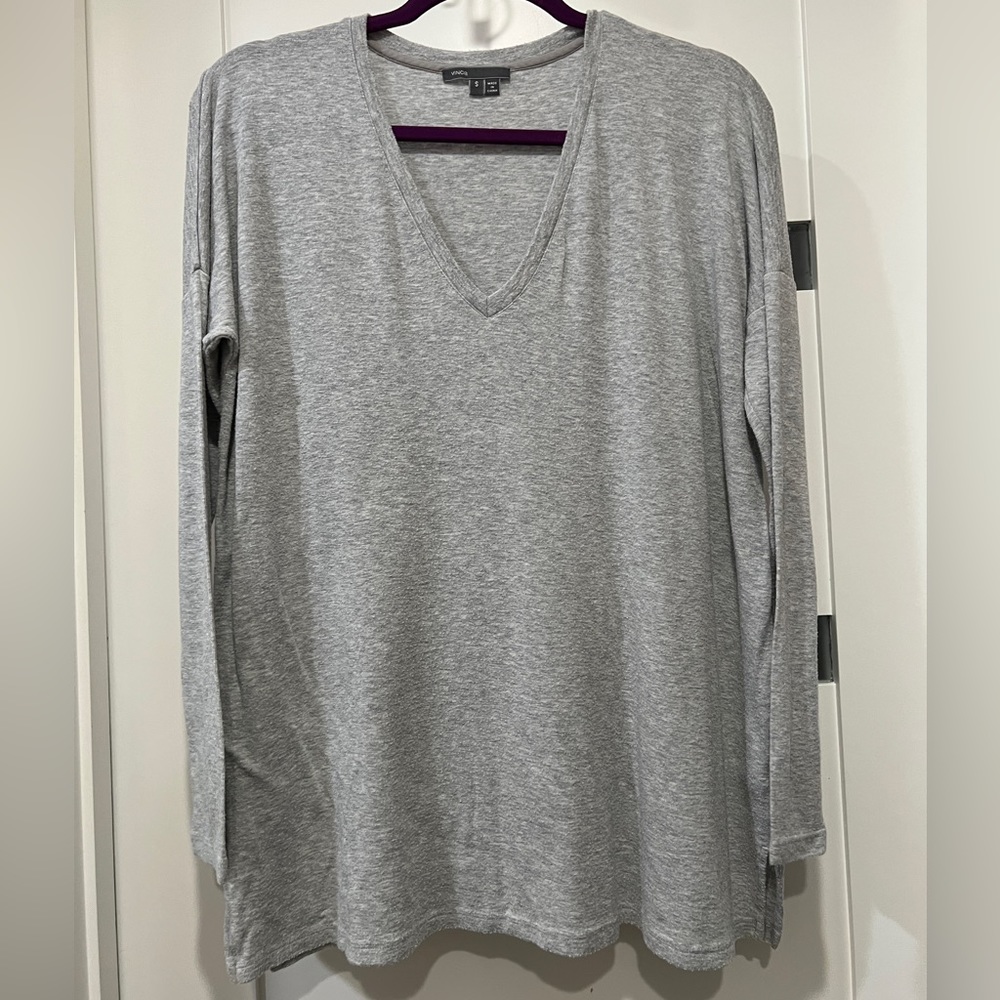 Vince Modal Spandex Drop Shoulder V-Neck Long Sleeve Oversized Top Gray Small